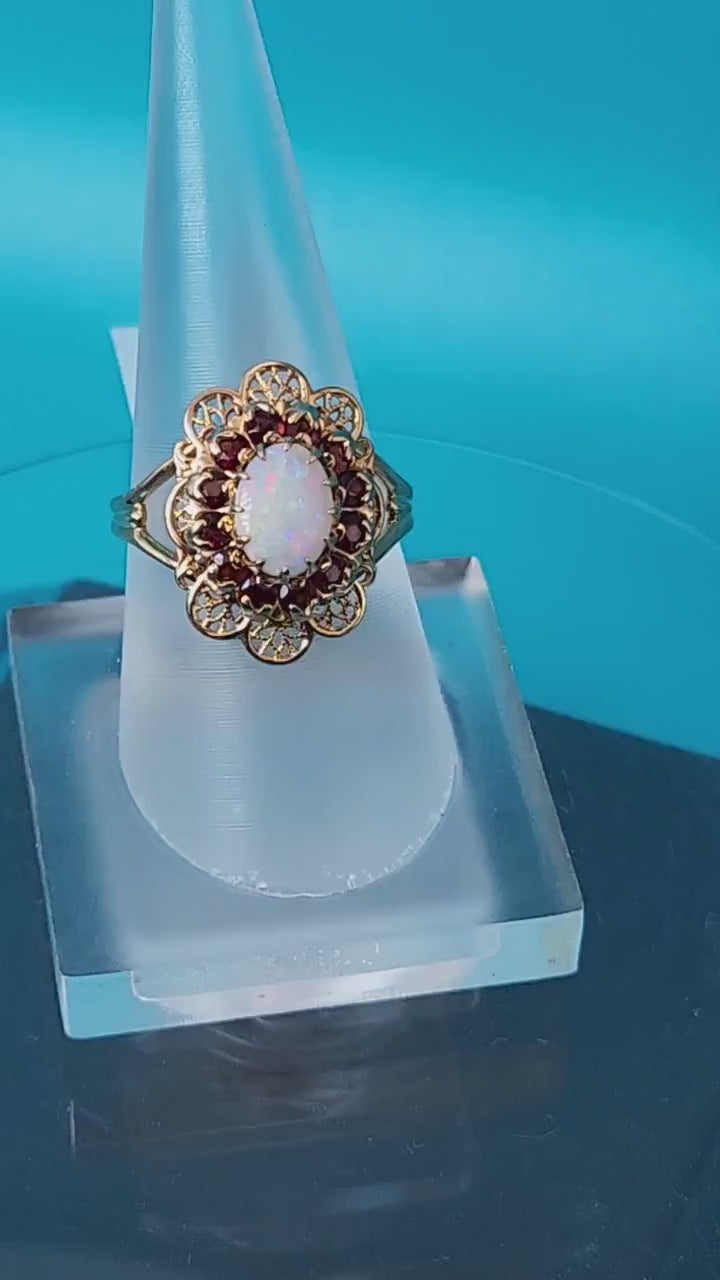 10K Gold Filegree Opal and Garnet Ring