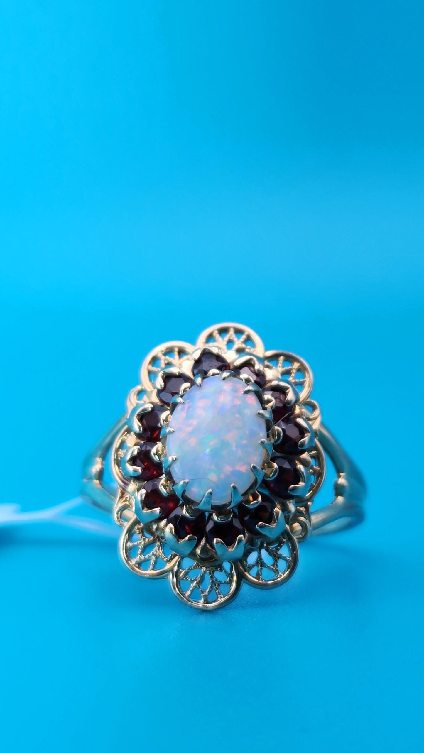 10K Gold Filegree Opal and Garnet Ring