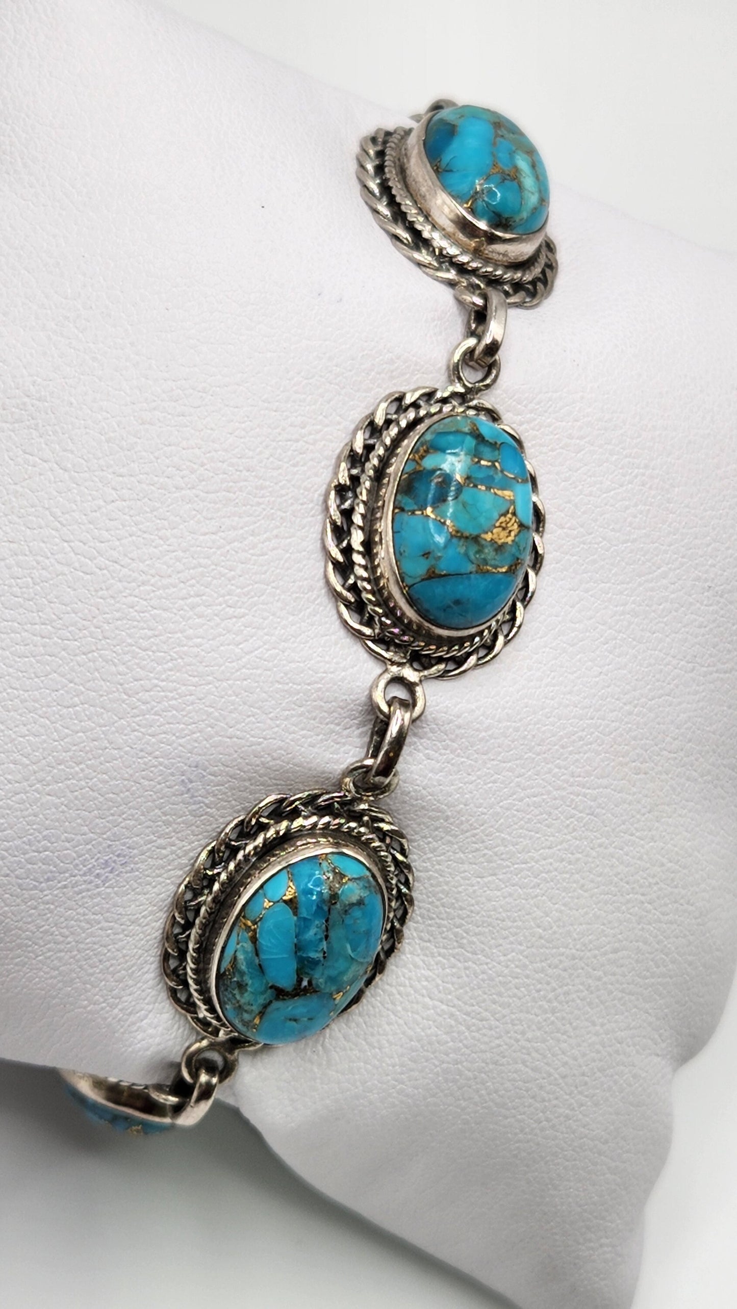 Genuine Turquoise and Silver Bracelet with Gold Inlay
