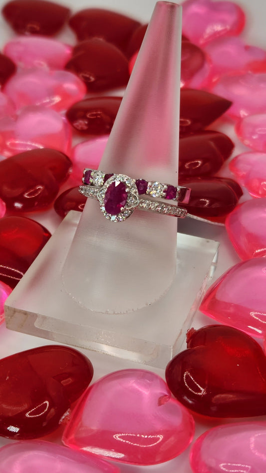 14k White Gold Ruby and Diamond Bridal Set