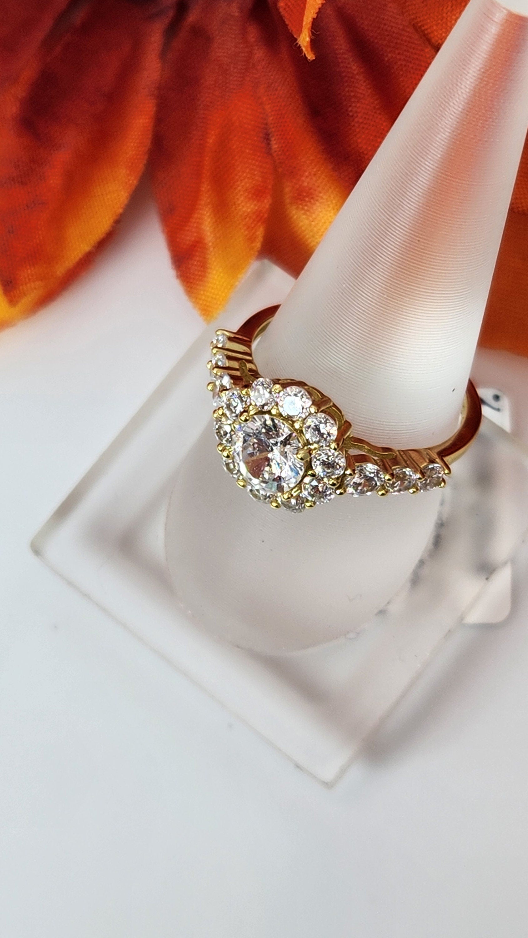 Round Halo CZ Flower Design Ring - Silver with gold plating