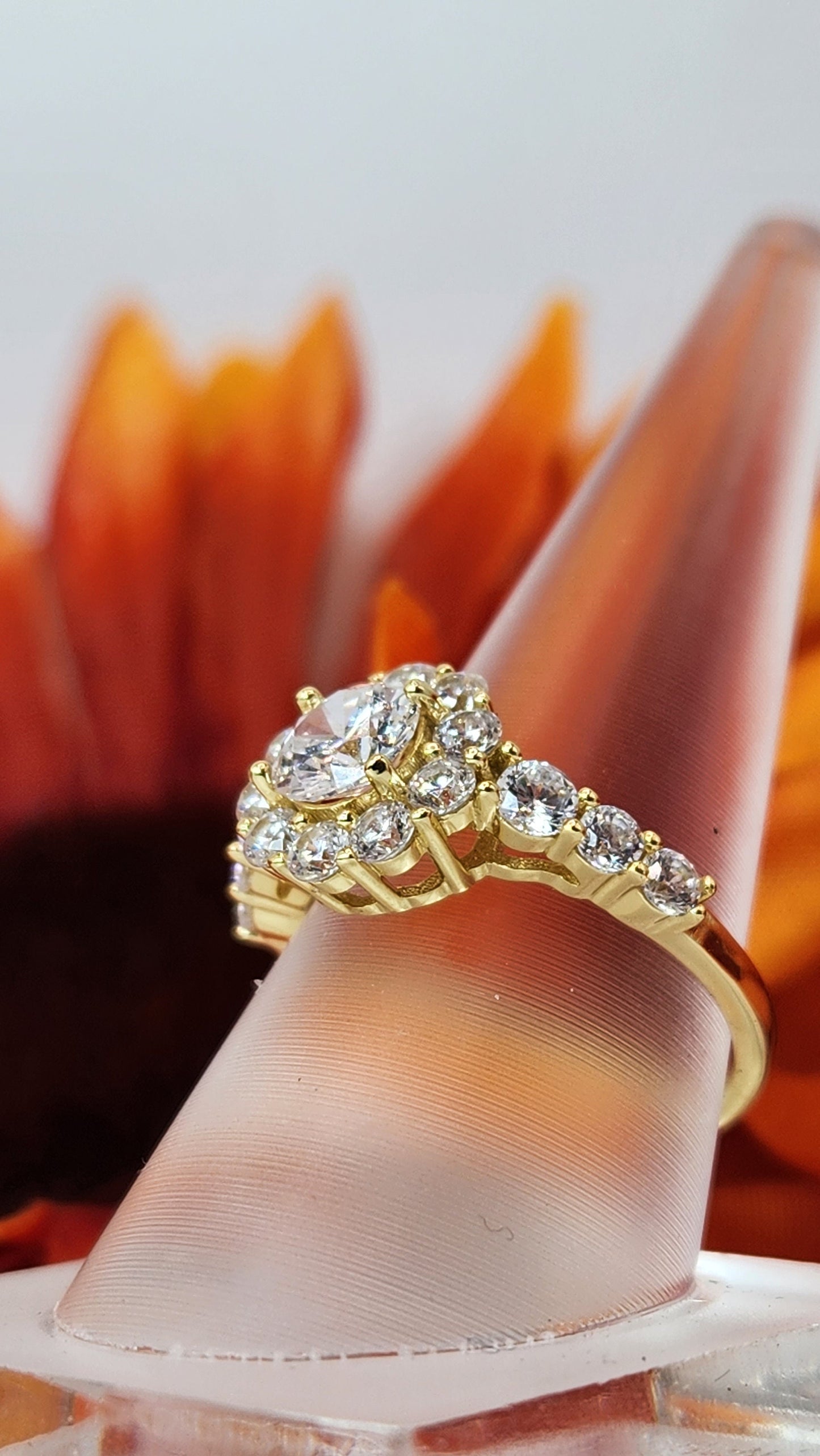 Round Halo CZ Flower Design Ring - Silver with gold plating